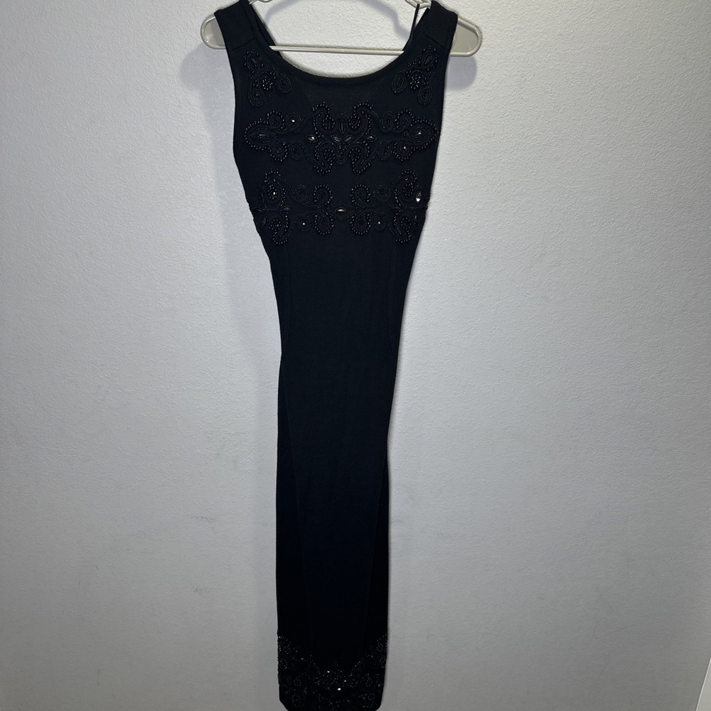 Carol Little Women's Size Large Black Dress 30% Wool Fitted Beaded Sleeveless